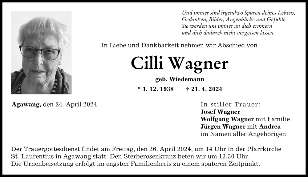 Traueranzeige von Cilli Wagner von Augsburger Allgemeine
