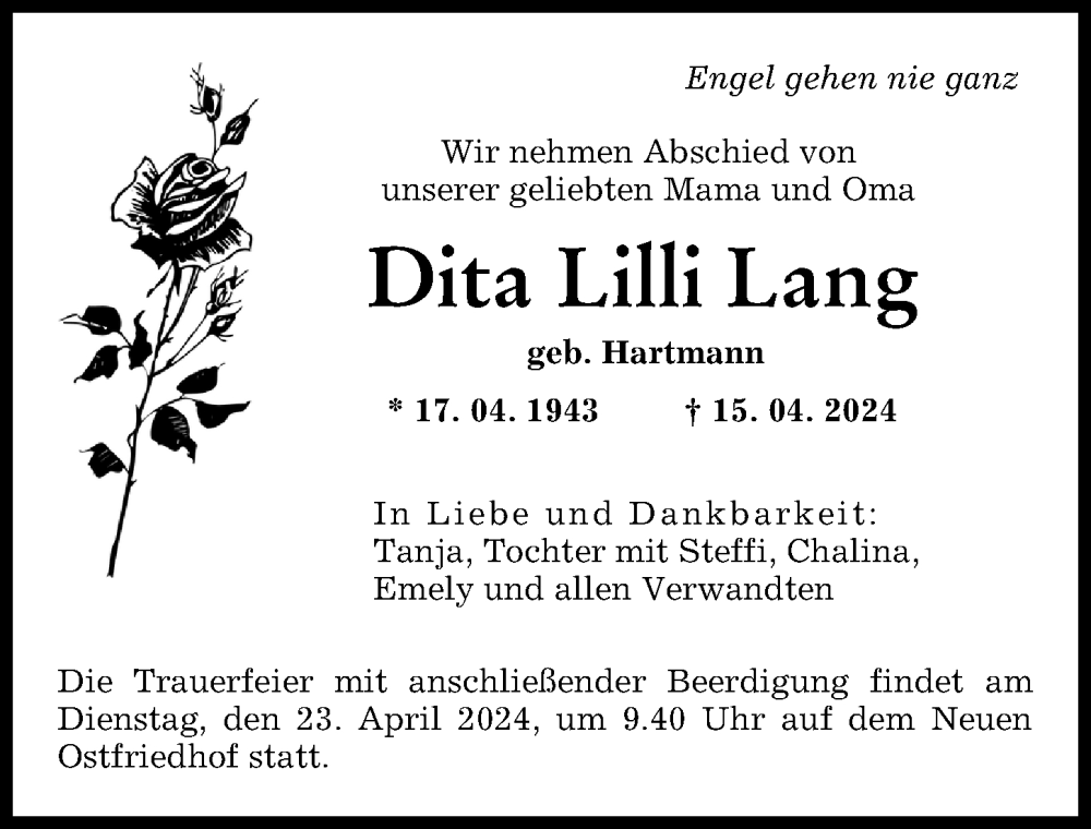 Traueranzeige von Dita Lilli Lang von Augsburger Allgemeine