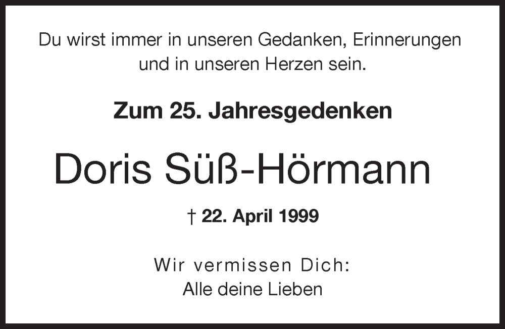 Traueranzeige von Doris Süß-Hörmann von Augsburg-Land