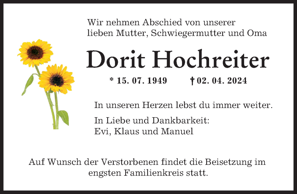 Traueranzeige von Dorit Hochreiter von Augsburger Allgemeine