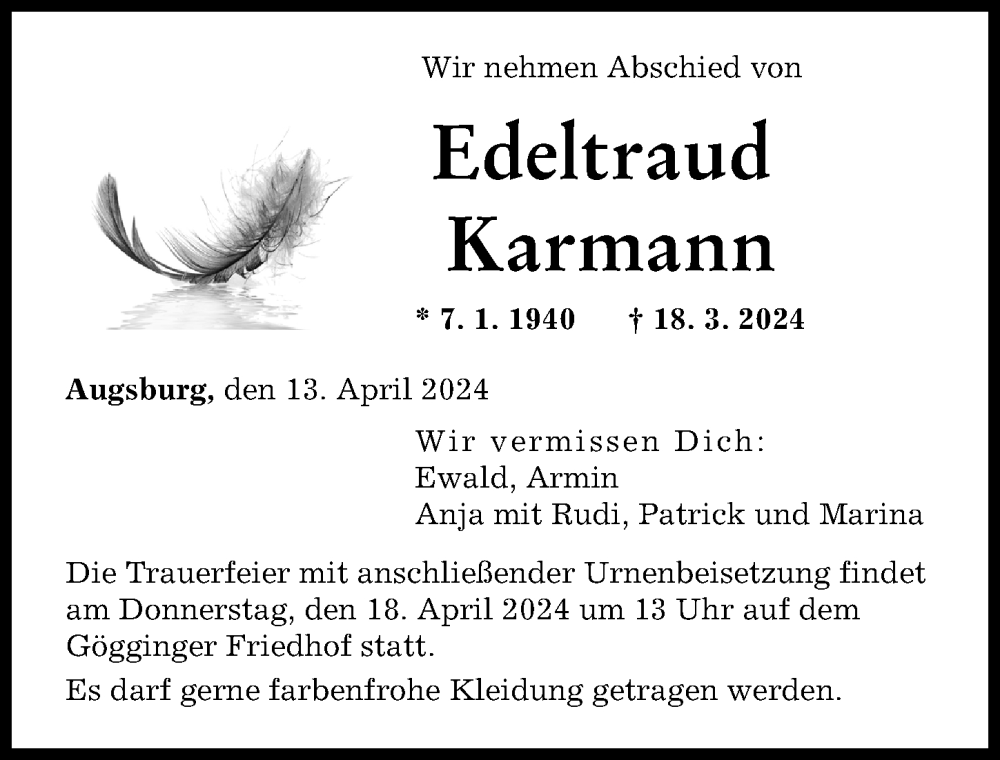 Traueranzeige von Edeltraud Karmann von Augsburger Allgemeine
