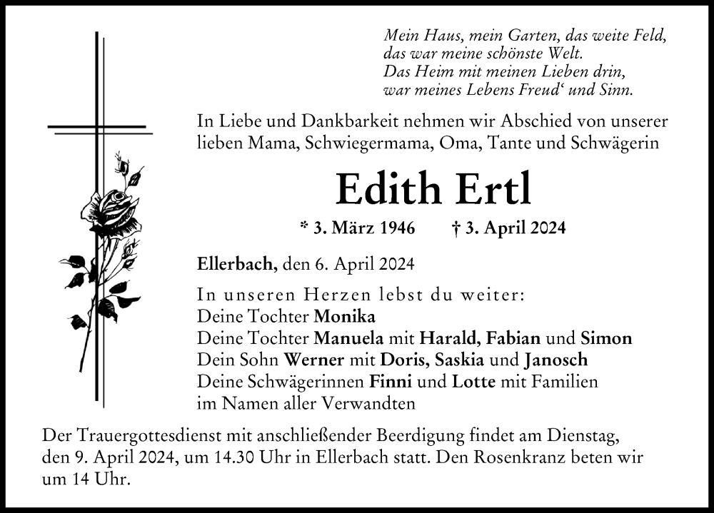 Traueranzeige von Edith Ertl von Donau Zeitung