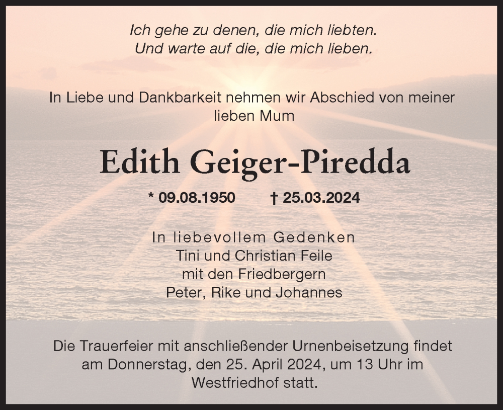 Traueranzeige von Edith Geiger-Piredda von Augsburger Allgemeine