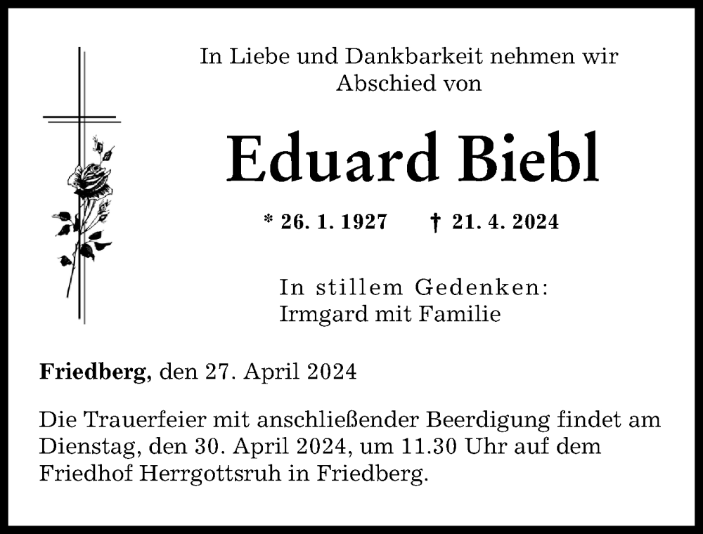 Traueranzeige von Eduard Biebl von Friedberger Allgemeine