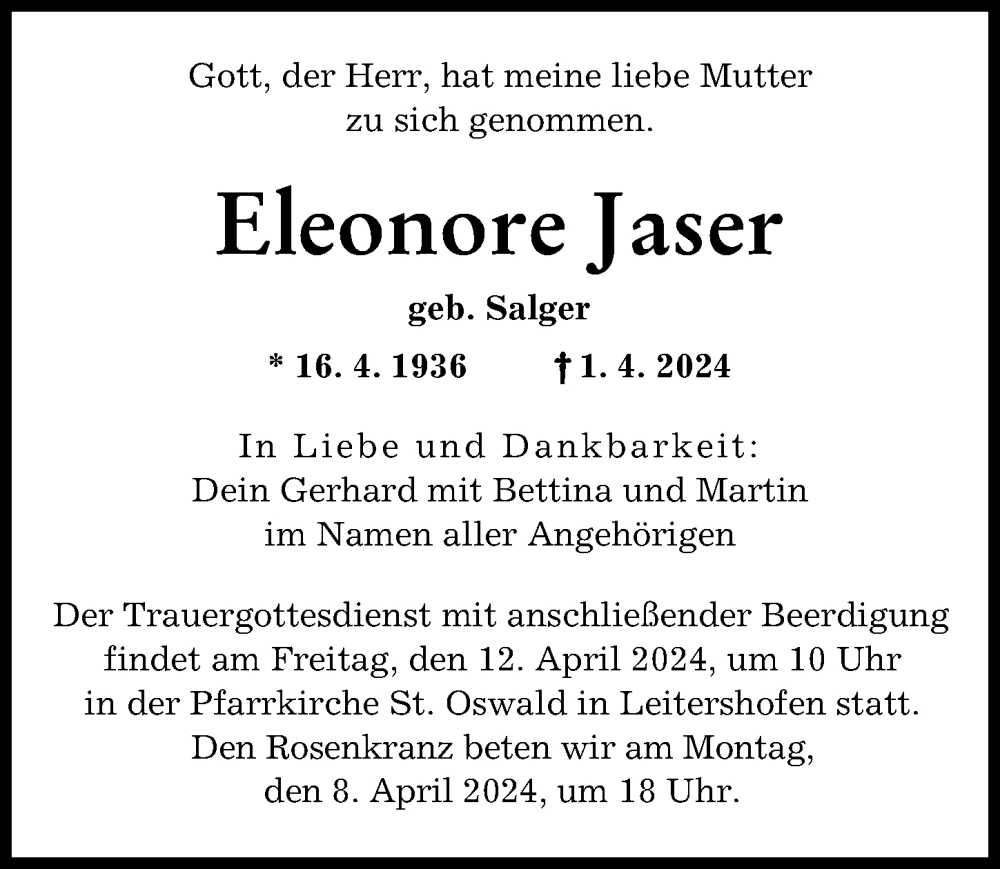 Traueranzeige von Eleonore Jaser von Augsburger Allgemeine