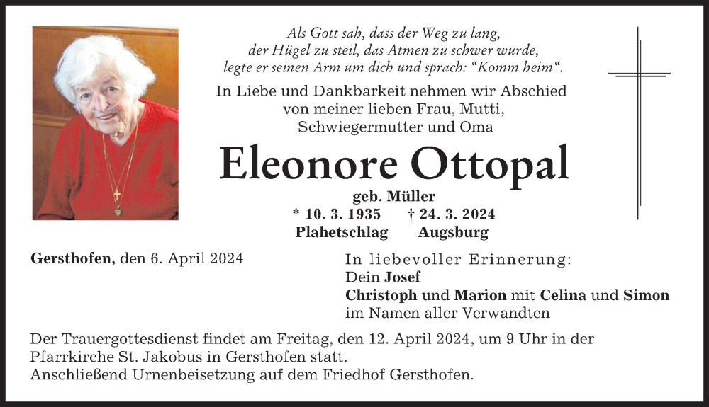 Traueranzeige von Eleonore Ottopal von Augsburger Allgemeine