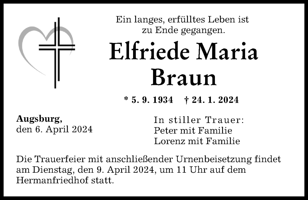 Traueranzeige von Elfriede Braun von Augsburger Allgemeine