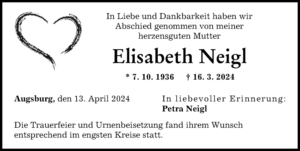 Traueranzeige von Elisabeth Neigl von Augsburger Allgemeine