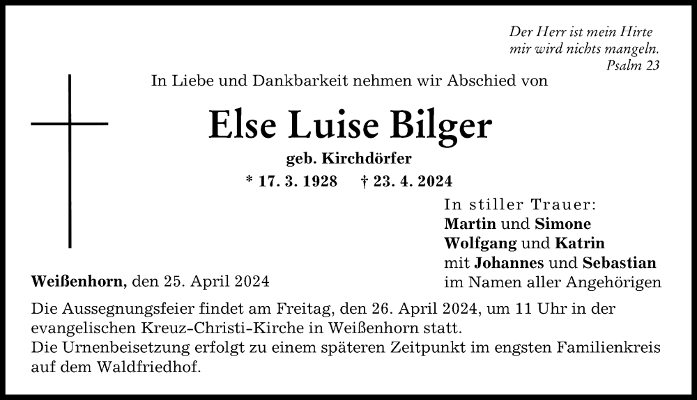 Traueranzeige von Else Luise Bilger von Neu-Ulmer Zeitung
