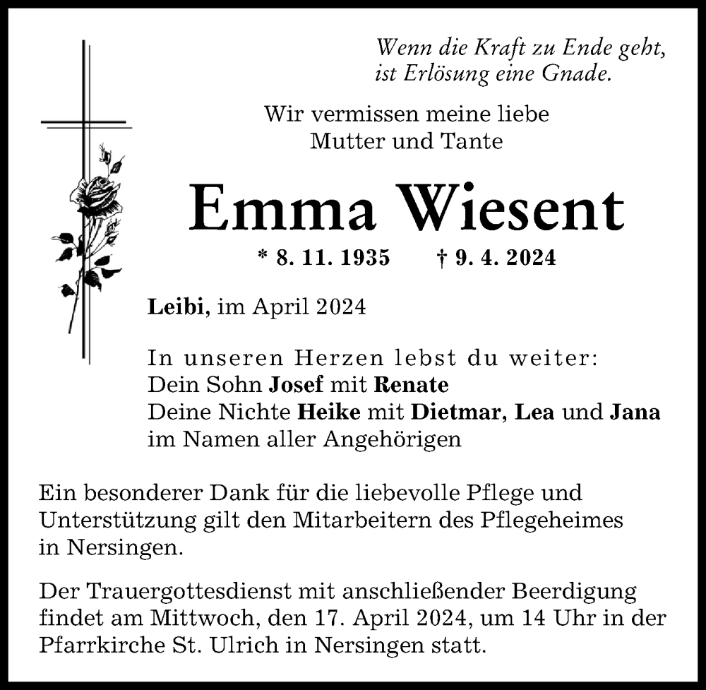 Traueranzeige von Emma Wiesent von Neu-Ulmer Zeitung