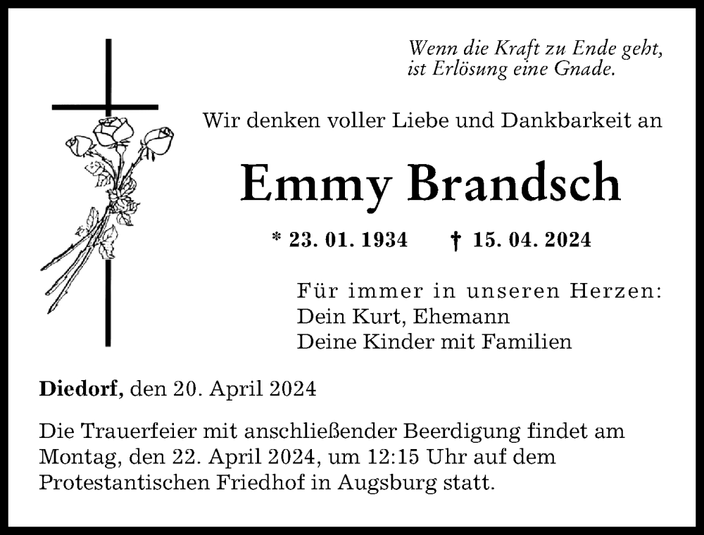 Traueranzeige von Emmy Brandsch von Augsburger Allgemeine