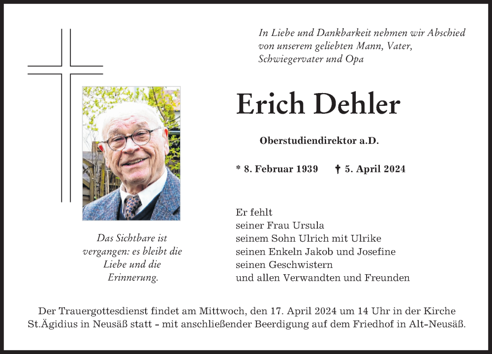 Traueranzeige von Erich Dehler von Wertinger Zeitung, Donau Zeitung, Augsburger Allgemeine