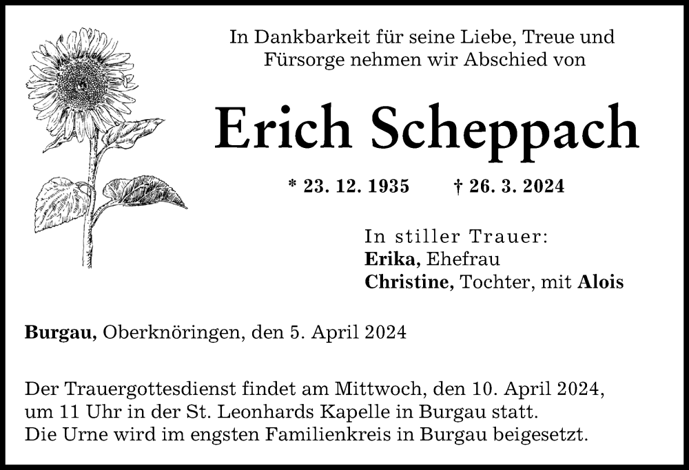 Traueranzeige von Erich Scheppach von Günzburger Zeitung