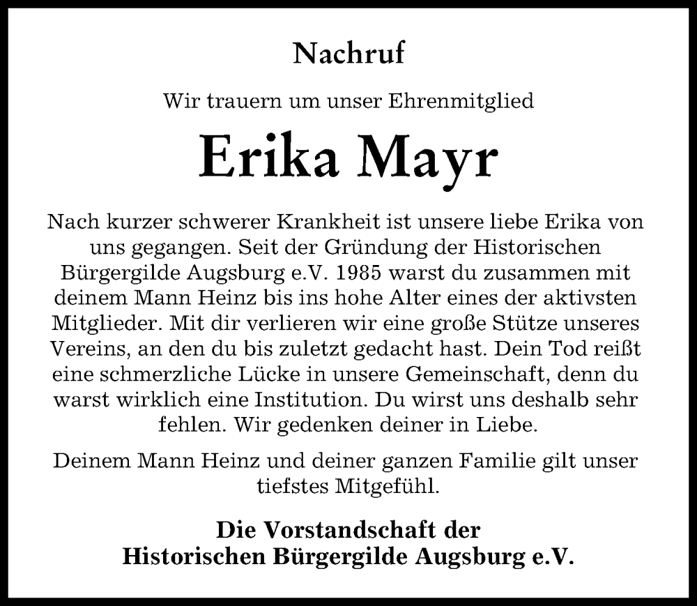 Traueranzeige von Erika Mayr von Augsburger Allgemeine