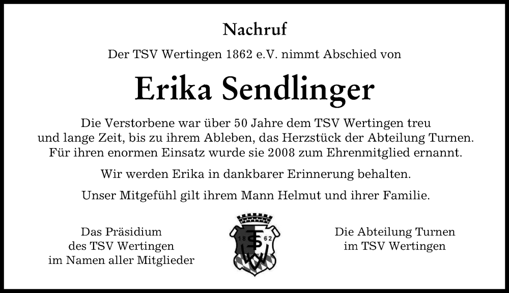 Traueranzeige für Erika Sendlinger vom 13.04.2024 aus Wertinger Zeitung