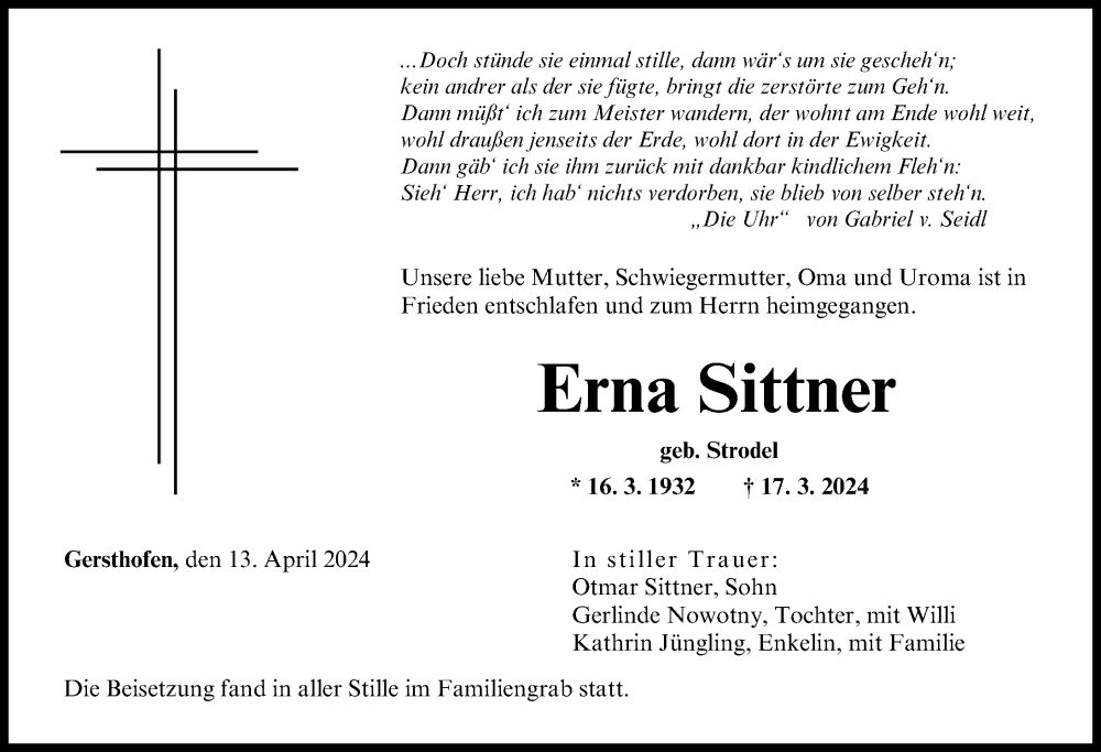 Traueranzeige von Erna Sittner von Augsburger Allgemeine
