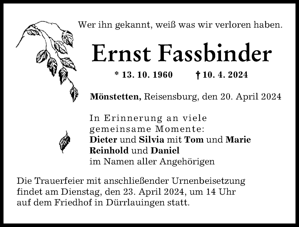 Traueranzeige von Ernst Fassbinder von Günzburger Zeitung