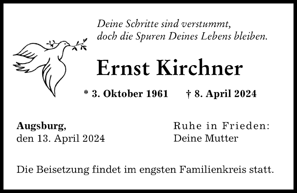 Traueranzeige von Ernst Kirchner von Augsburger Allgemeine