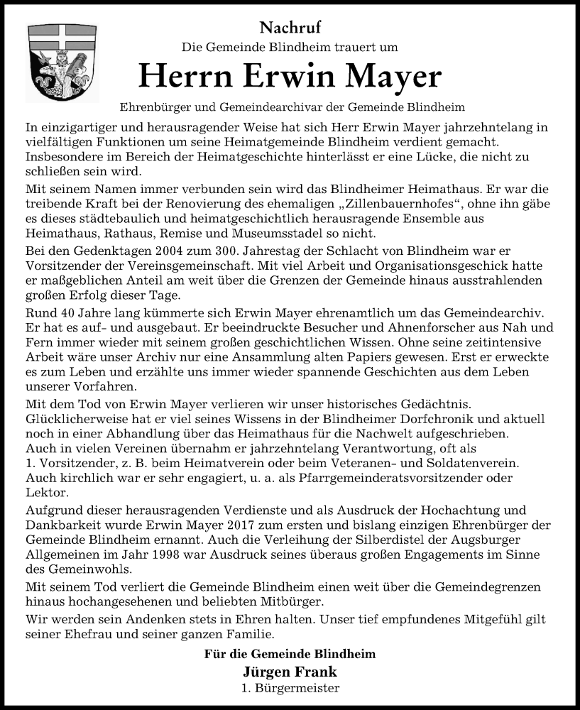 Traueranzeige von Erwin Mayer von Donau Zeitung