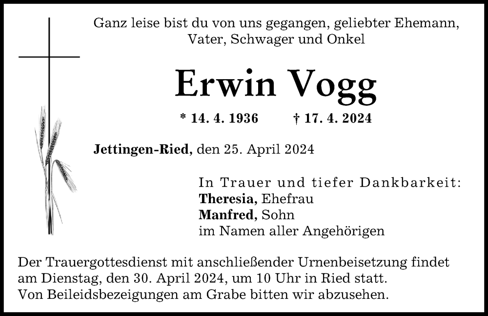 Traueranzeige von Erwin Vogg von Günzburger Zeitung