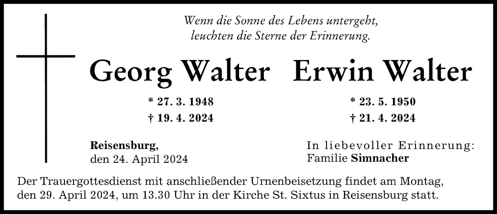 Traueranzeige von Erwin Walter von Günzburger Zeitung