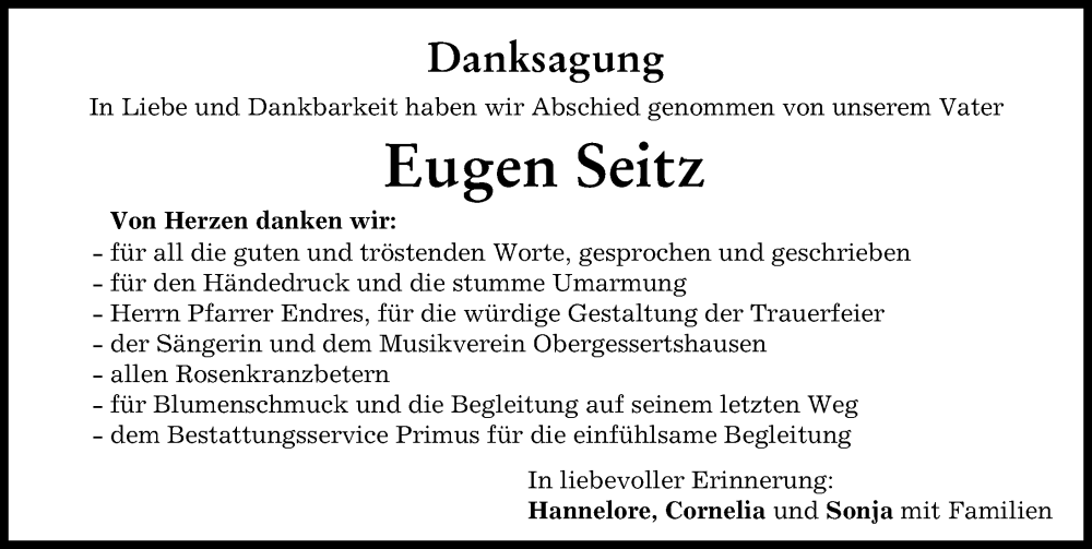 Traueranzeige von Eugen Seitz von Mindelheimer Zeitung, Mittelschwäbische Nachrichten