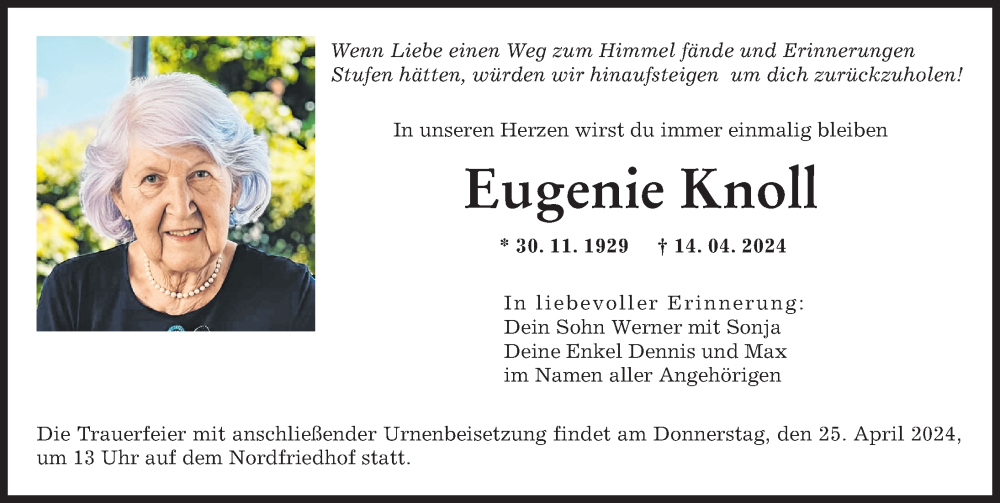 Traueranzeige von Eugenie Knoll von Augsburger Allgemeine