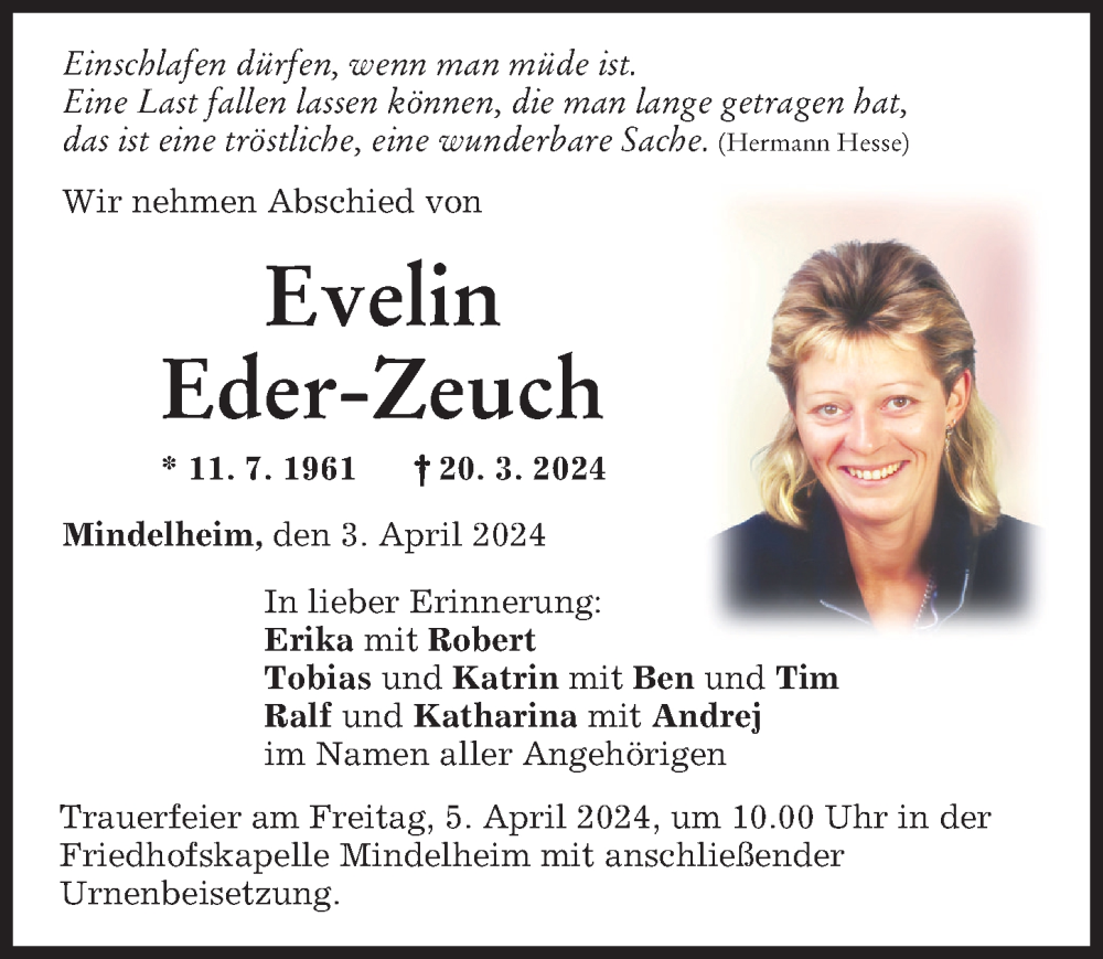 Traueranzeige von Evelin Eder-Zeuch von Mindelheimer Zeitung