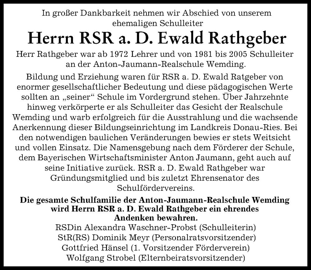 Traueranzeige von Ewald Rathgeber von Rieser Nachrichten, Donauwörther Zeitung