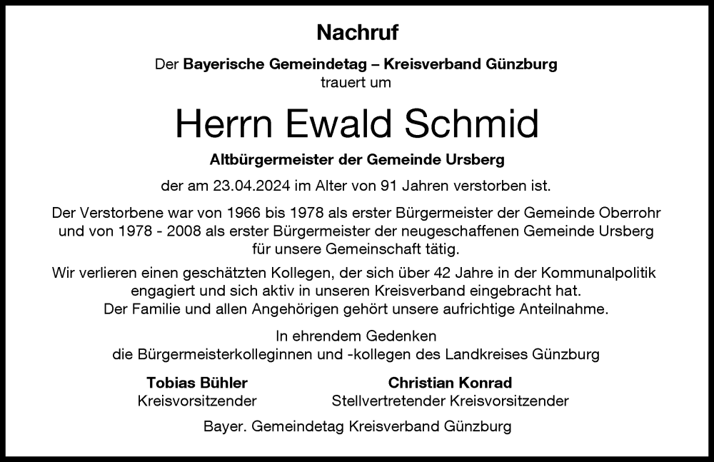  Traueranzeige für Ewald Schmid vom 26.04.2024 aus Mittelschwäbische Nachrichten, Günzburger Zeitung