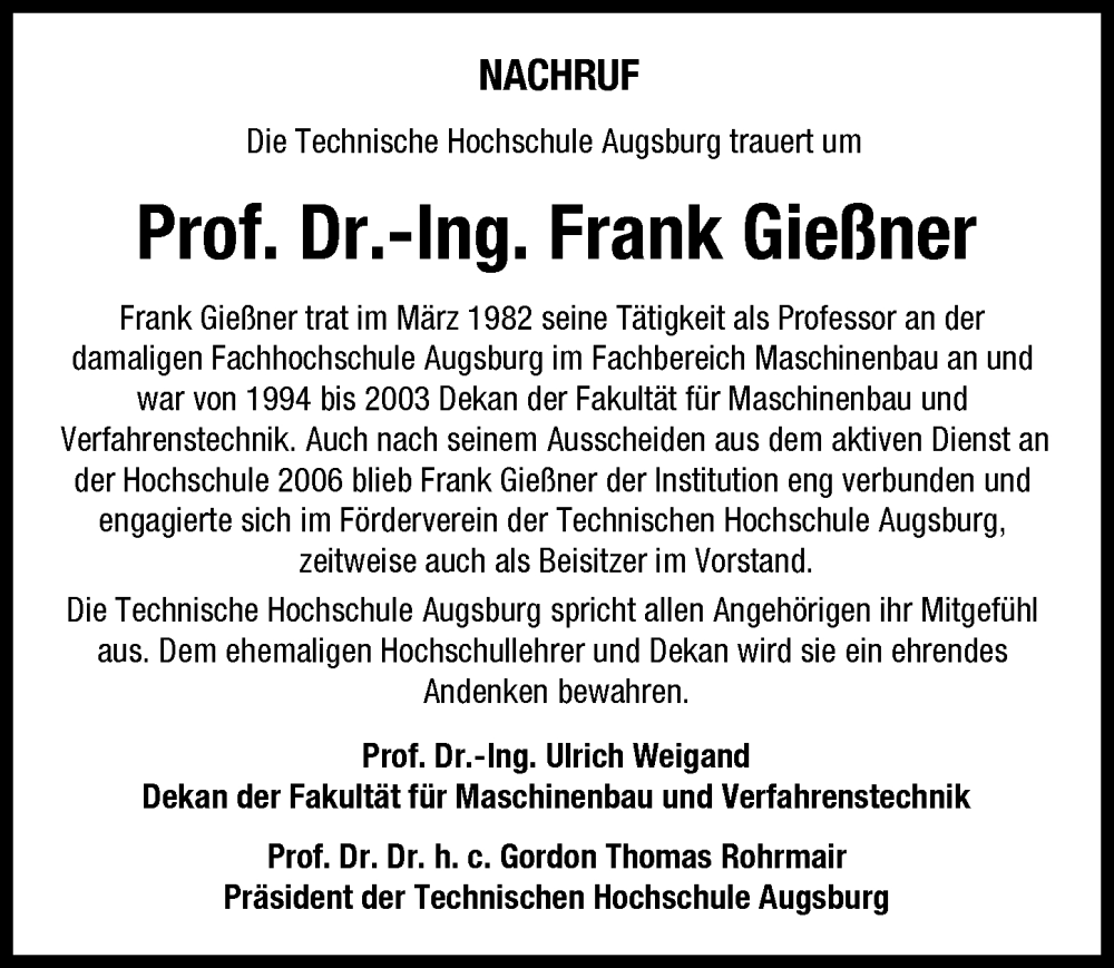 Traueranzeige von Frank Gießner von Augsburger Allgemeine