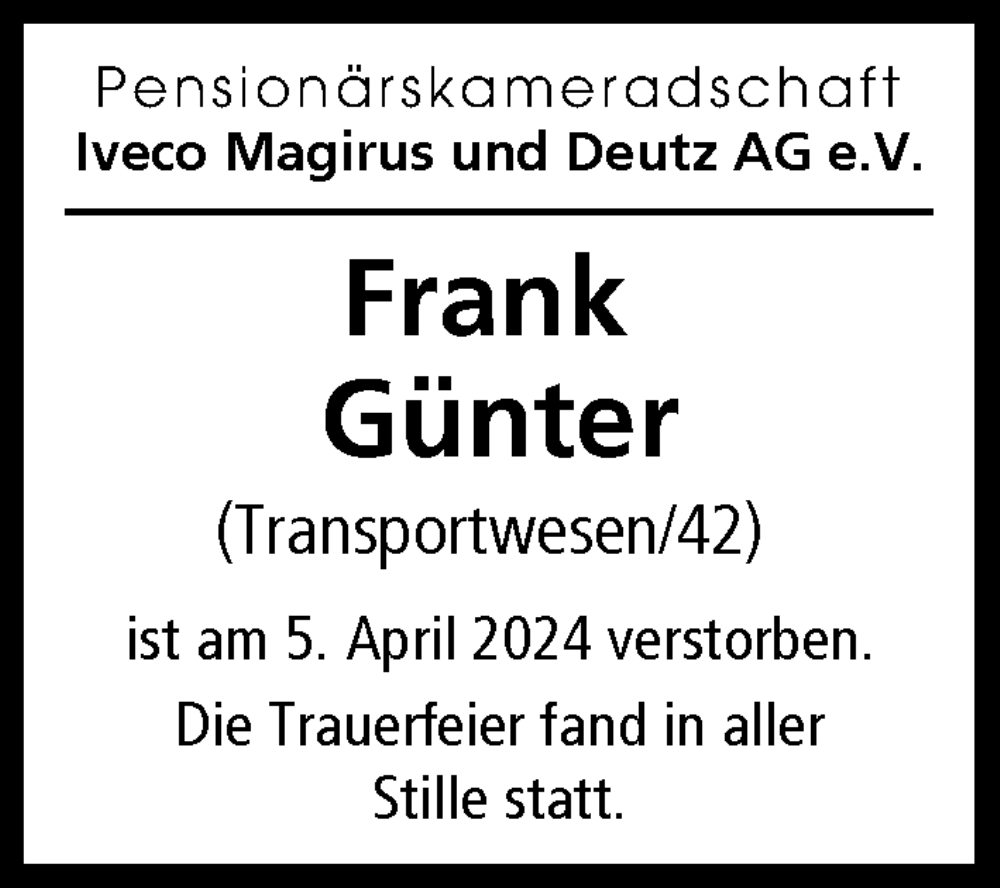 Traueranzeige von Frank Günter von Illertisser Zeitung, Günzburger Zeitung, Neu-Ulmer Zeitung