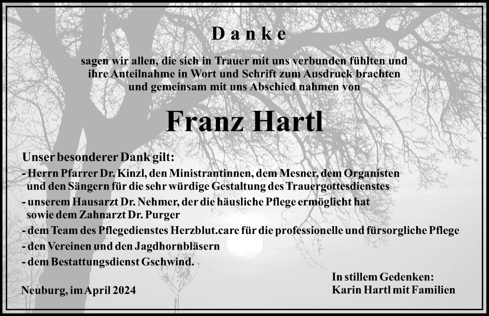 Traueranzeige von Franz Hartl von Mittelschwäbische Nachrichten