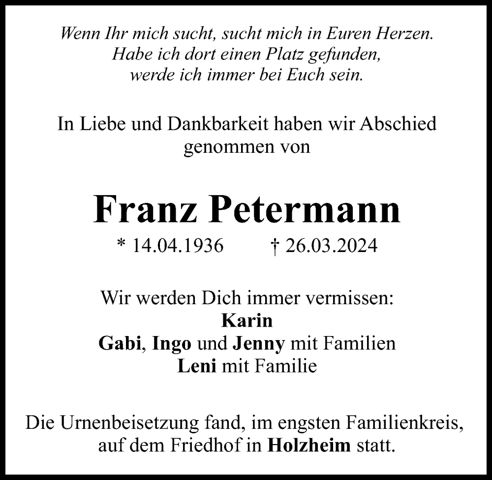 Traueranzeige von Franz Petermann von Neu-Ulmer Zeitung