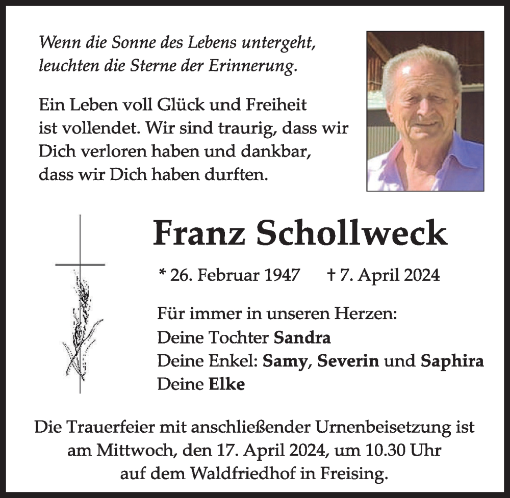 Traueranzeige von Franz Schollweck von Wertinger Zeitung