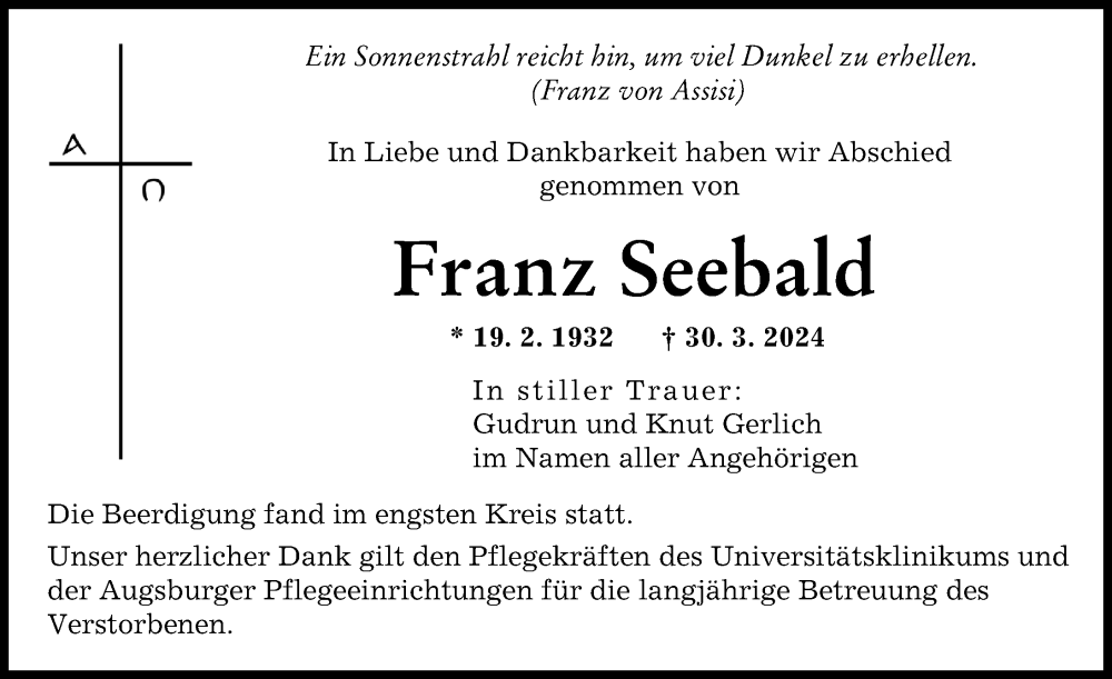 Traueranzeige von Franz Seebald von Augsburger Allgemeine
