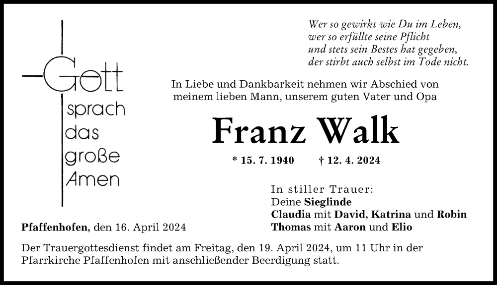 Traueranzeige von Franz Walk von Illertisser Zeitung, Neu-Ulmer Zeitung