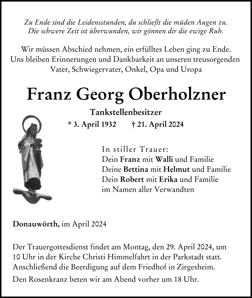 Traueranzeige von Franz Georg Oberholzner von Augsburg-Land, Donauwörther Zeitung