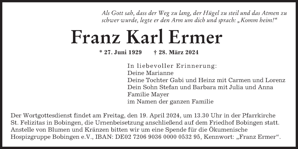 Traueranzeige von Franz Karl Ermer von Augsburger Allgemeine