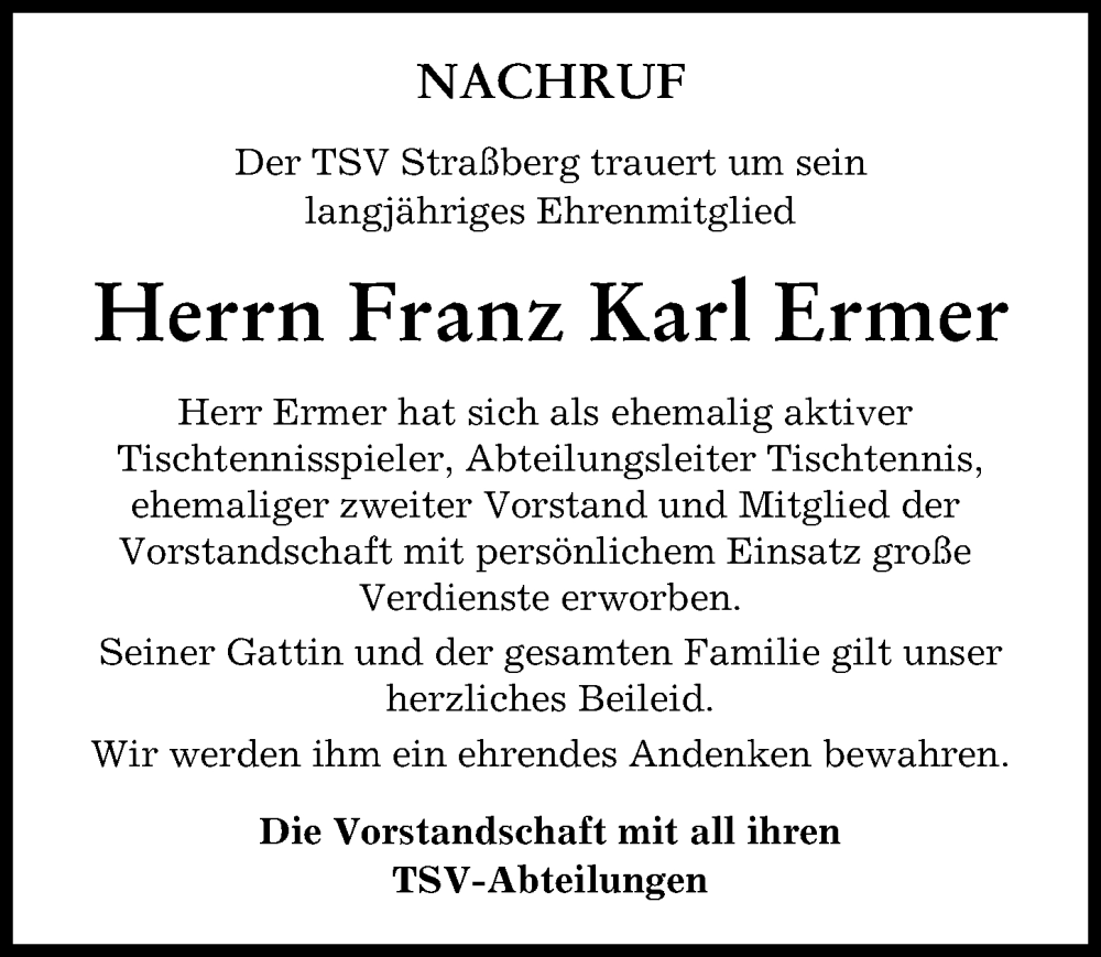 Traueranzeige von Franz Karl Ermer von Schwabmünchner Allgemeine