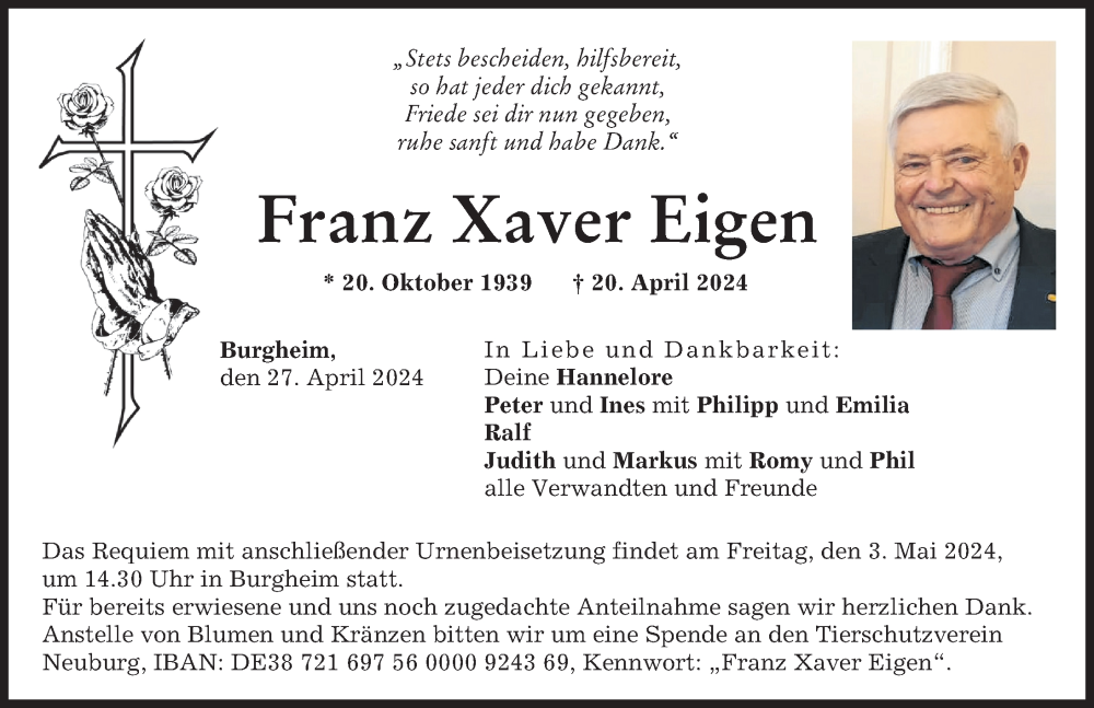 Traueranzeige von Franz Xaver Eigen von Neuburger Rundschau, Donauwörther Zeitung