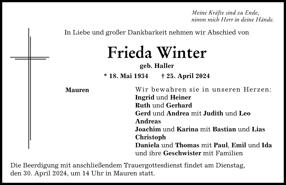 Traueranzeige von Frieda Winter von Rieser Nachrichten, Donauwörther Zeitung