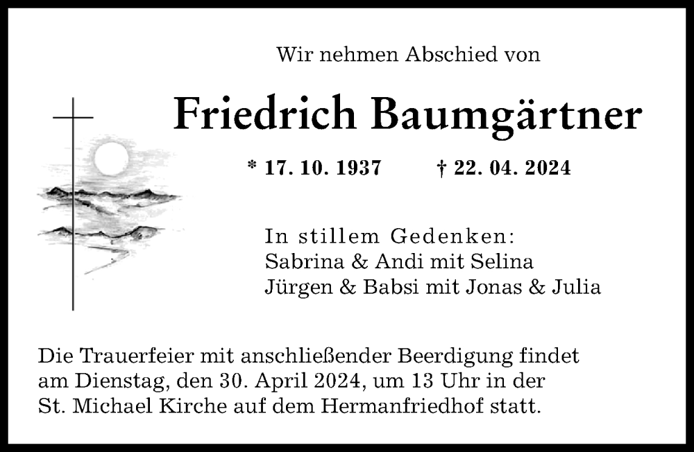 Traueranzeige von Friedrich Baumgärtner von Augsburger Allgemeine