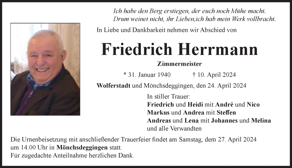 Traueranzeige von Friedrich Herrmann von Rieser Nachrichten
