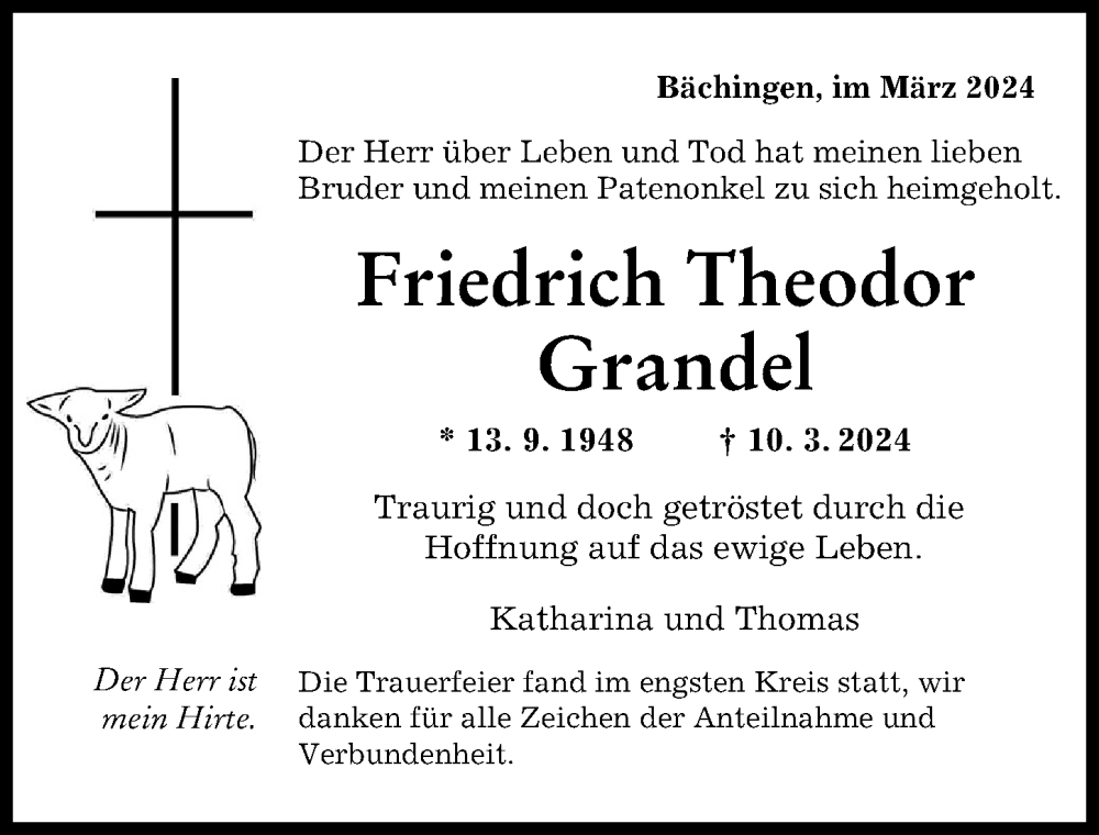 Traueranzeige von Friedrich Theodor Grandel von Donau Zeitung