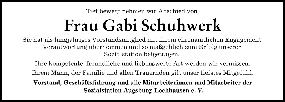 Traueranzeige von Gabi Schuhwerk von Augsburger Allgemeine