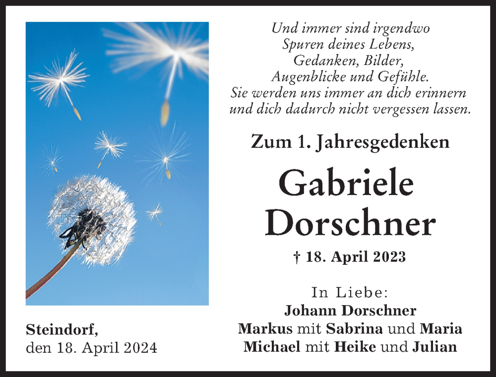 Traueranzeige von Gabriele Dorschner von Friedberger Allgemeine