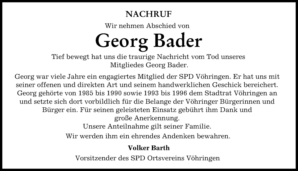 Traueranzeige von Georg Bader von Illertisser Zeitung