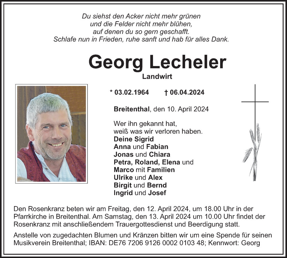  Traueranzeige für Georg Lecheler vom 10.04.2024 aus Mittelschwäbische Nachrichten