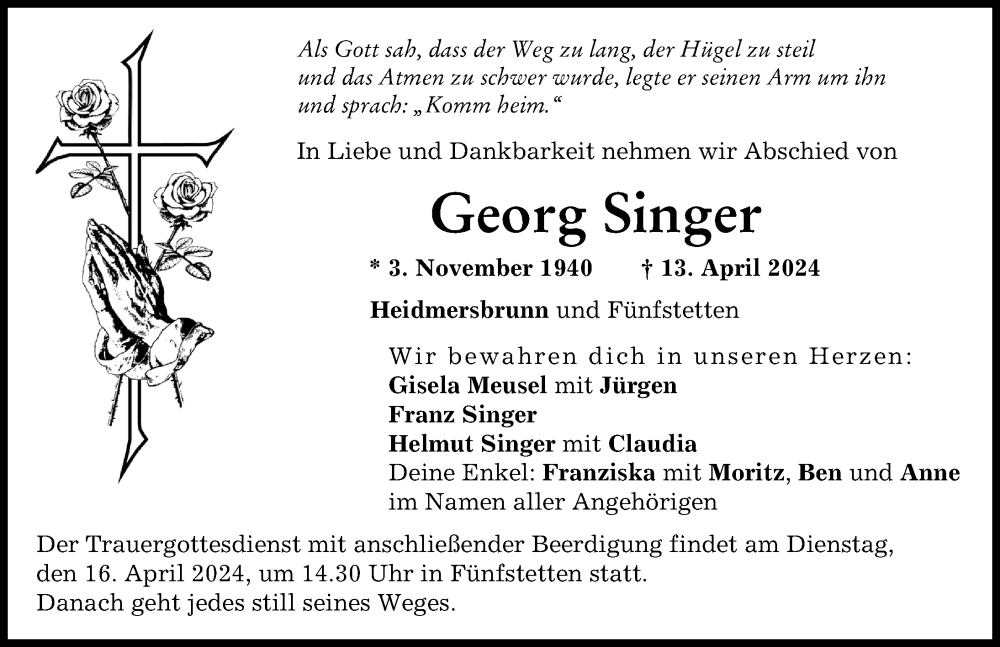Traueranzeige von Georg Singer von Donauwörther Zeitung